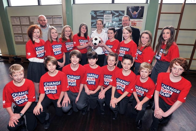 England women’s football captain Casey Stoney with pupils at Monks’ Dyke Tennyson College, in Louth, 10 years ago.