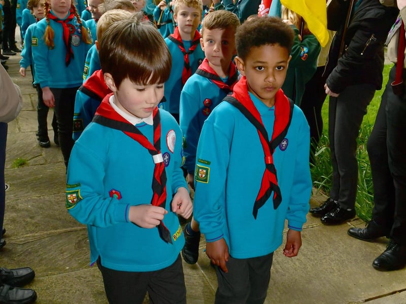 Beave Scouts heading into St Denys' Church for the St George's Day service. Photo: David Dawson