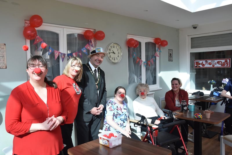 Deputy Mayor of Skegness Coun Jimmy Brookes (third from left) at Syne Hills nursing home in Skegness for Red Nose Day.