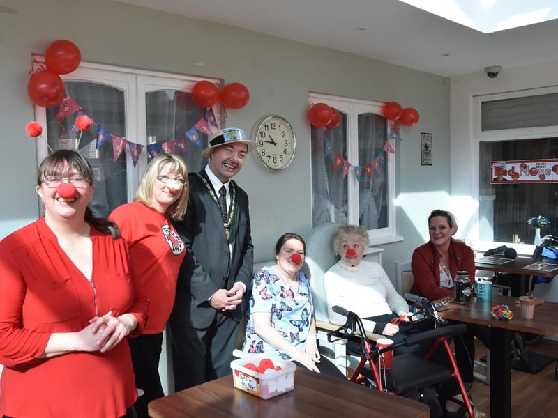 Deputy Mayor of Skegness Coun Jimmy Brookes (third from left) at Syne Hills nursing home in Skegness for Red Nose Day.