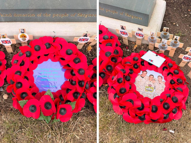Two of the poppy wreaths laid at the memorial on the day.