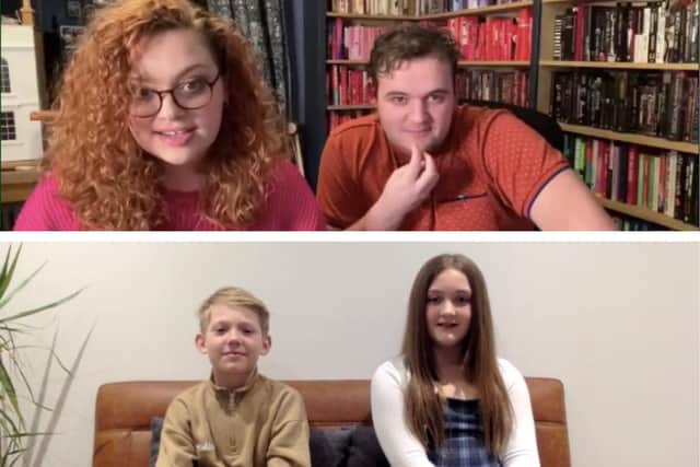 Riley and Bella taking part in the virtual workshop with West End actors Carrie Hope Fletcher and Joel Montage.
