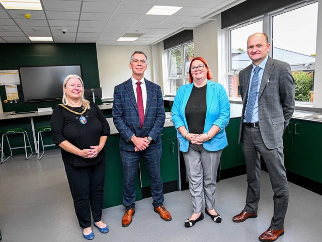 The updated food technology room is shown by Mrs Ricketts to (left to right), the Mayor Cllr Hazel Fox, Assistant Director of Education at North Lincolnshire Council Paul Tinsley and LGAT’s Chief Executive Officer Martin Brown.