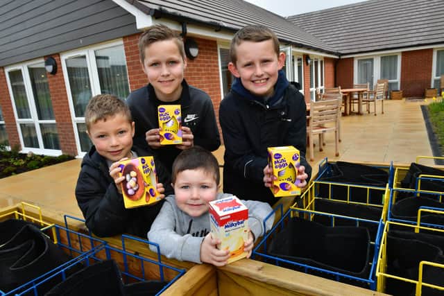 Egg hunters Toby Kimber 8, Fletcher 10, Harrison Kimber, 3, and Blake Thurling, 10.