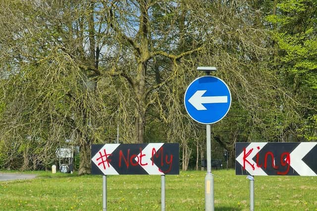 'Not Our King' graffiti on Gunby roundabout.