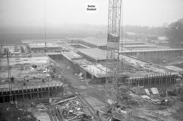 The view from the fourth floor of what would become the maternity block. It shows: in the foreground, what would be A&E; left background, diagnostic x-ray; right, the outpatients' department; tall building in the centre, medical records; tall building behind, the gymnasium; long building back right, the physiotherapy, occupational therapy and hydro therapy department.
