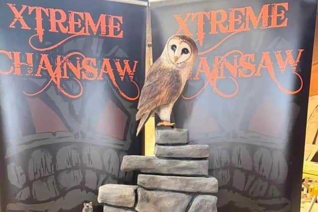 An owl sculpture, crafted by Xtreme Chainsaw.