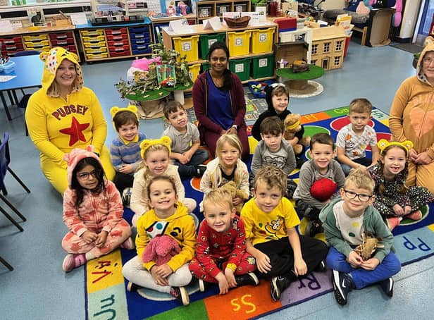 Enchanted Forest Class (Reception) with Miss Cook (left) Mrs Jena (centre) and Mrs Elmes (right) dressed up for Children In Need at Caythorpe School.
