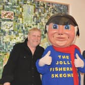Steve Gould, the Jolly Fisherman, and Mayor of Skegness Coun Pete Barry at the opening of So What gallery