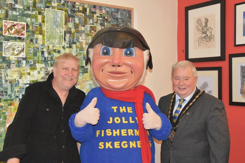 Steve Gould, the Jolly Fisherman, and Mayor of Skegness Coun Pete Barry at the opening of So What gallery