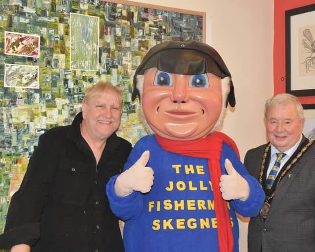 Steve Gould, the Jolly Fisherman, and Mayor of Skegness Coun Pete Barry at the opening of So What gallery