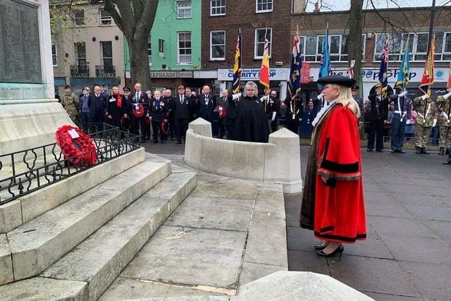 Boston's Mayor, Coun Anne Dorrian, after laying a wreath on the war memorial in Wide Bargate.