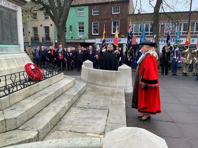 Boston's Mayor, Coun Anne Dorrian, after laying a wreath on the war memorial in Wide Bargate.