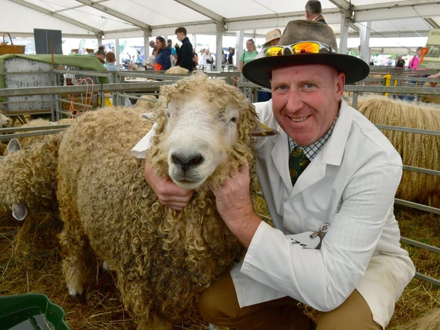 Richard Lawson of Corner Farm, Helpringham, with his Lincoln Longwool, Shearling Ram