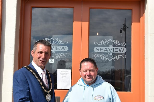 Mayor of Skegness Coun Adrian Findley congratulates Mark Dannatt, owner of the Seaview Pub in Skegness, on another successful egg run.