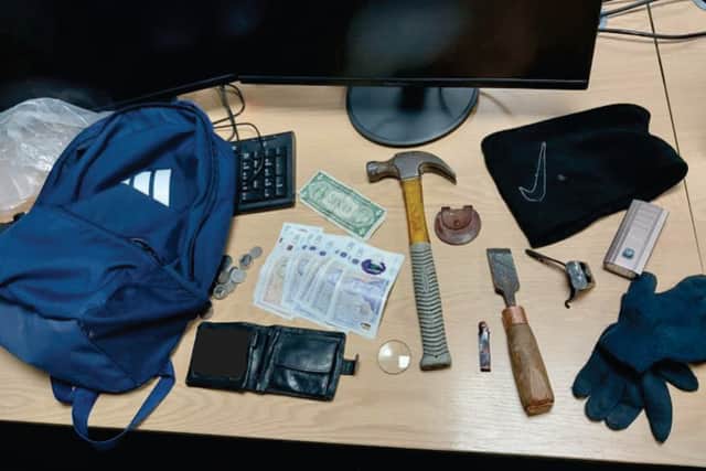 During a search of Lysoniewski’s backpack, officers found a hammer, chisel, two torches, other tools, dark blue gloves, a snood, and a quantity of cash. PICTURE: Lincolnshire Police