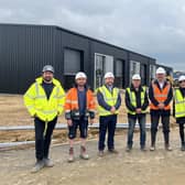 From left - Smith Construction Divisional Manager Tim Phipps and Site Manager Mark Collishaw, North Kesteven District Council Director of Resources Russell Stone, Managing Director of Smith Construction Ken Smith, North Kesteven District Council Leader Councillor Richard Wright, Economic Development Project Manager Suzanne Feneley and Chief Executive Ian Fytche.