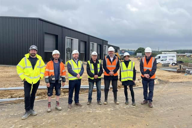 From left - Smith Construction Divisional Manager Tim Phipps and Site Manager Mark Collishaw, North Kesteven District Council Director of Resources Russell Stone, Managing Director of Smith Construction Ken Smith, North Kesteven District Council Leader Councillor Richard Wright, Economic Development Project Manager Suzanne Feneley and Chief Executive Ian Fytche.