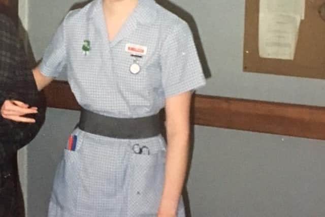 Susan Fox as a first year Registered General Nurse student at Pilgrim Hospital Boston in 1989.