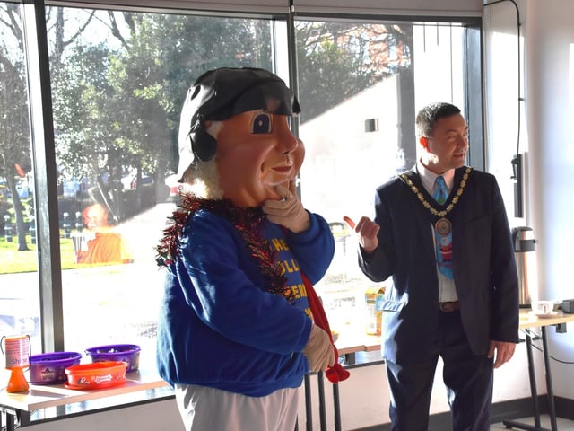 The Jolly Fisherman decked with tinsel with Mayor of Skegness Coun Jimmy Brookes wearing his Santa tie.