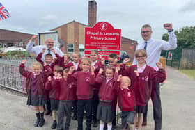Chapel St Leonards Primary School celebrating its 'Good' Ofsted report.