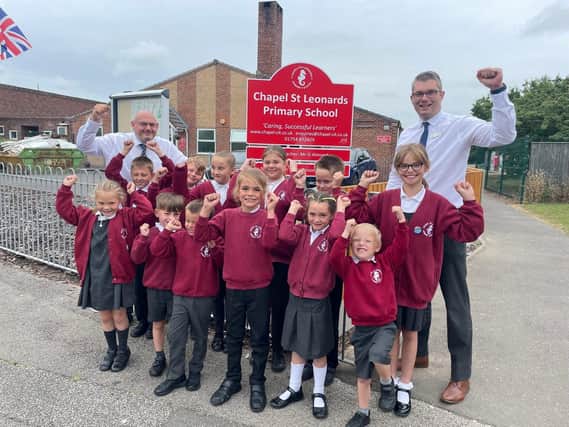 Chapel St Leonards Primary School celebrating its 'Good' Ofsted report.