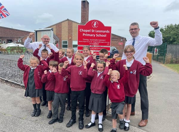 Chapel St Leonards Primary School celebrating its 'Good' Ofsted report.