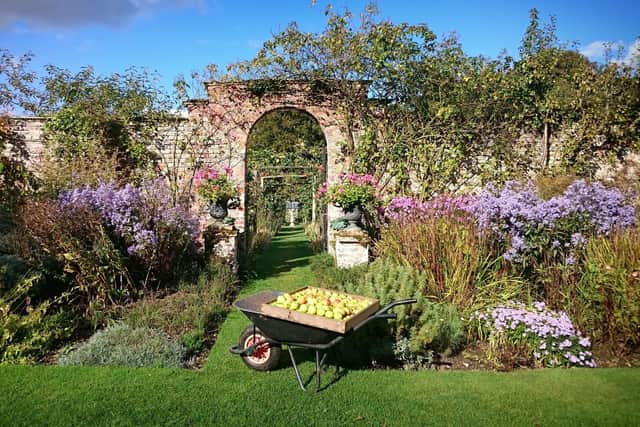 1. Apples in front of the long border archway at Gunby Hall.