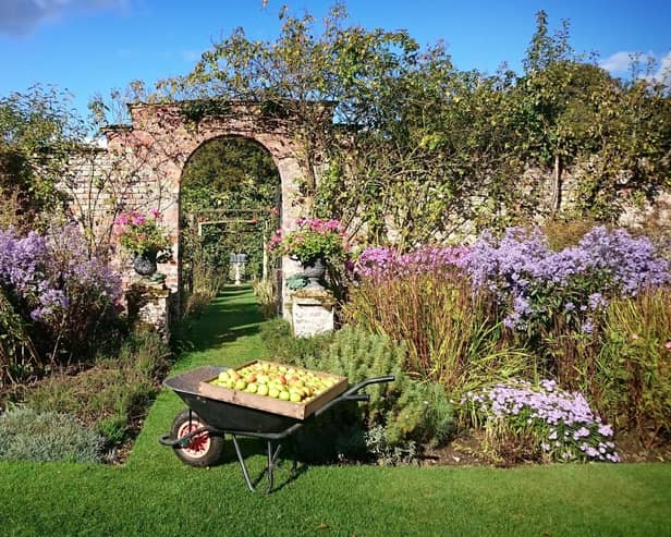1. Apples in front of the long border archway at Gunby Hall.