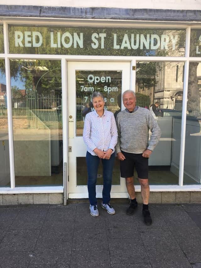 Joy and George outside the laundrette in Red Lion Street.