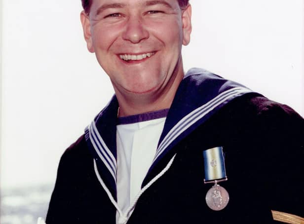 Mark Trainor, then aged 21, with his South Atlantic Medal.