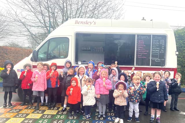 Marshchapel Infant School in Grainthorpe was so pleased with its Ofsted report that it treated the children to some home-made ice cream from one of local firm Bensley's vans.