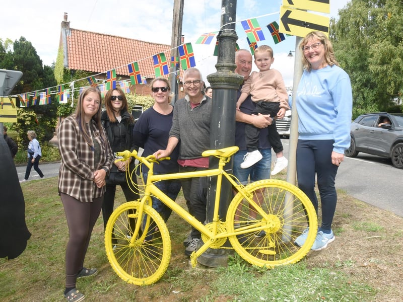 A number of old bikes were decorated and displayed around Caistor. L-R Imogen Leahy, Jilly Day, Helen Phillips, Neil Bennett, Geoff Day, Enzo Day 4 and Julia Day