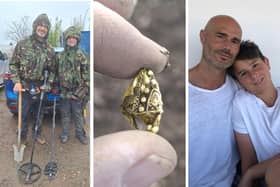 Father and son Andrew and Arthur, and the gold artifact they unearthed in Quadring, between Spalding and Boston, Lincolnshire.