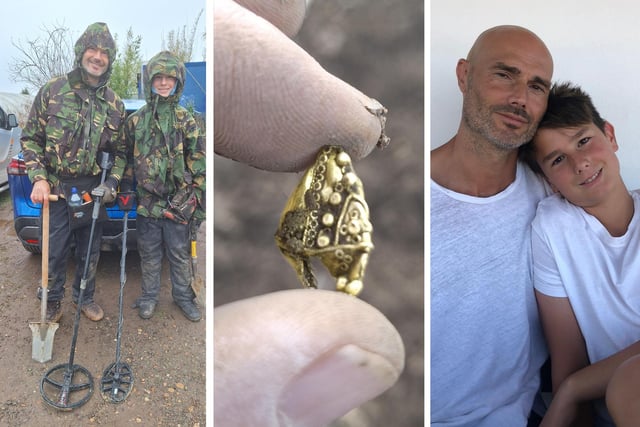 Father and son Andrew and Arthur, and the gold artifact they unearthed in Quadring, between Spalding and Boston, Lincolnshire.