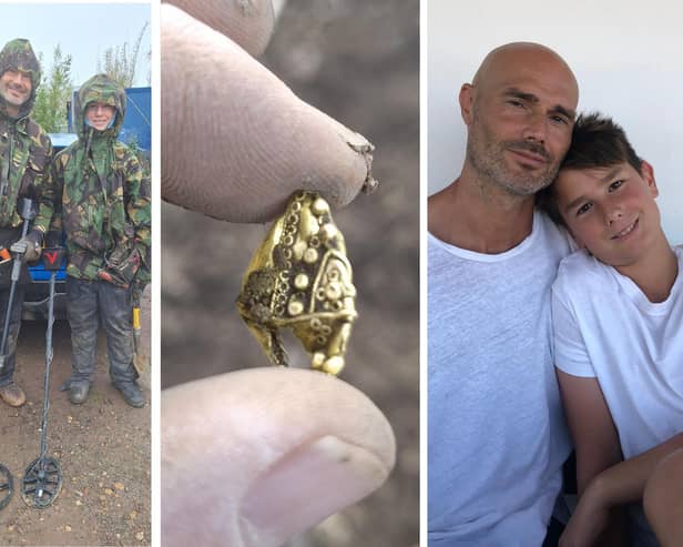 Father and son Andrew and Arthur, and the gold artifact they unearthed in Quadring, between Spalding and Boston, Lincolnshire.