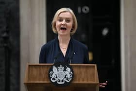 Britain’s Prime Minister Liz Truss delivers a speech outside of 10 Downing Street in central London on October 20, 2022 to announce her resignation. (Photo by Daniel LEAL / AFP) (Photo by DANIEL LEAL/AFP via Getty Images)