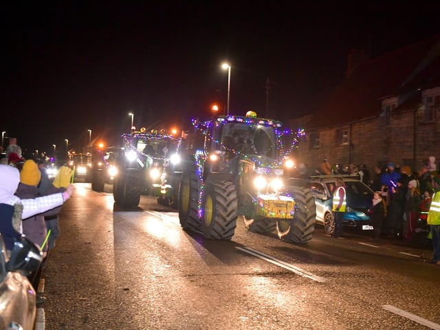 Harmston YFC members' cavalcade of tractors through Navenby's Christmas lights event. Photo: David Dawson
