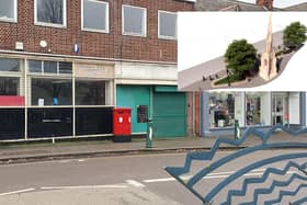 The shabby former post office premises on Southgate. Sleaford Civic Trust fears they could damage plans to revamp the Handley Monument area (INSET). Photo submitted