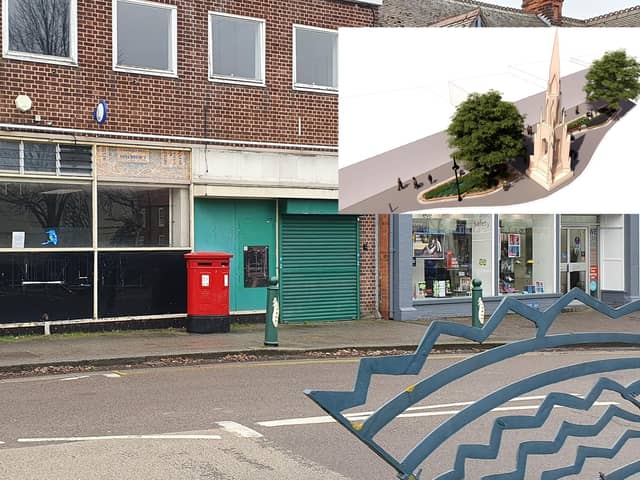 The shabby former post office premises on Southgate. Sleaford Civic Trust fears they could damage plans to revamp the Handley Monument area (INSET). Photo submitted