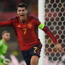 Spain's Alvaro Morata celebrates scoring the opener in the 2-0 win over Scotland. (Photo by JORGE GUERRERO/AFP via Getty Images)