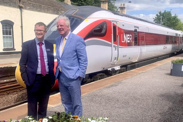 MP Sir Edward Leigh (right) with LNER managing director David Horne at Market Rasen station for a trial run of a direct service to London in June 2023.