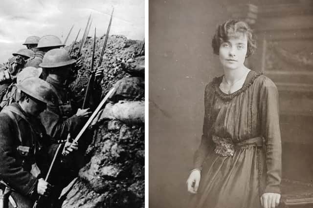 Boston woman Bertha Flory, who received William's diary after his death. Left: Soldiers prepare to go over the line at the Battle of the Somme, France. (Getty Images)