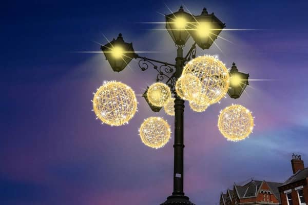 A mock-up image of how new festive lights could look on the Five Lamps in Boston Market Place