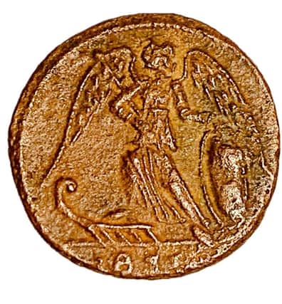 A Roman coin of Emperor Constantine showing a winged victory, from which the early Christian imagery of Angels is derived.