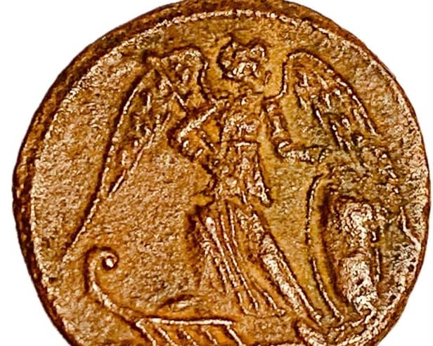 A Roman coin of Emperor Constantine showing a winged victory, from which the early Christian imagery of Angels is derived.