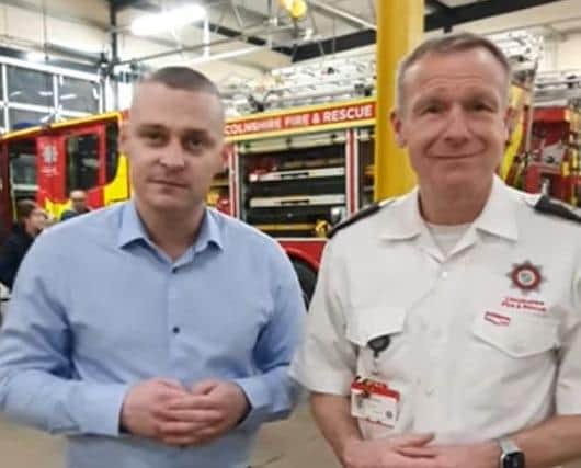 Coun Alex McGonigle and Chief Fire Officer Mark Baxter at a recent event launch a new fire cadets scheme in Sleaford..
