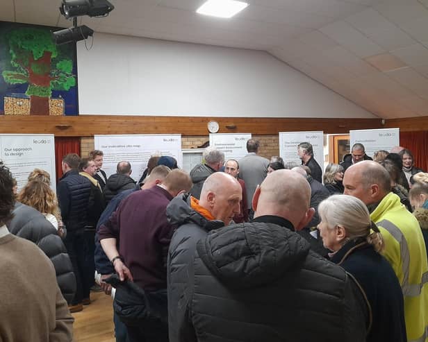 Residents look at plans for the Leoda Solar Farm at a meeting in Leadenham village hall (5/2/24) Credit: LDRS