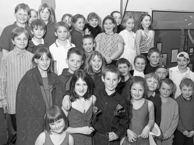 The cast of Swineshead Primary School's production of Romeo and Juliet, with Scott Williams as Romeo and Lauren Cooper as Juliet.