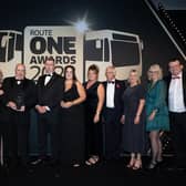 A & P Travel Tours win at the Routeone awards for the bus and coach industry, pictured with presenters Ardal O'Hanlon, Helen Conway and Tim Deakin.